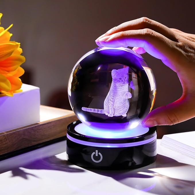 YWHL 3D Crystal Ball Cat Gifts for Women Cat Lover for Christmas Birthday, Laser Cat and Butterfly Figurine with LED Base, Cat Ornament Glass Decorative Ball Globe Night Light for Home Decor (80mm)