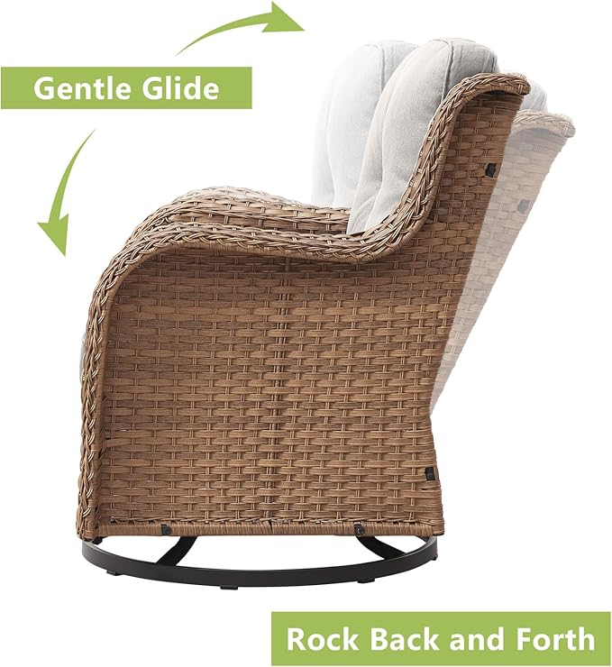 Outdoor Wicker Patio Furniture Set - 6 Piece Rattan Patio Conversation Set with 2 Rocking Swivel Chairs,2 Ottomans,1 Sofa and 1 Side Table for Porch Deck Backyard Garden(Yellow/Beige)