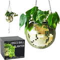 SCANDINORDICA Disco Ball Planter – Value Package: Mirror Disco Planter with Chain, Macrame Hanger and Acrylic Stand for Desk, Includes Self Watering Insert, Disco Decor | 8 inch Gold