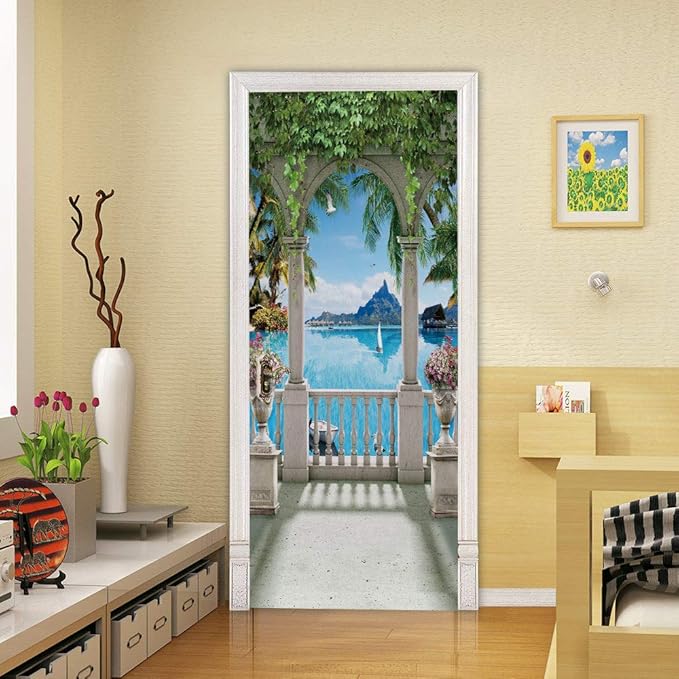 3D Door Stickers Murals - Landscape - Peel and Stick - Waterproof & Washable - Matt Finish - Modern Style - White - 33.9" x 78.7" - 2 Pieces
