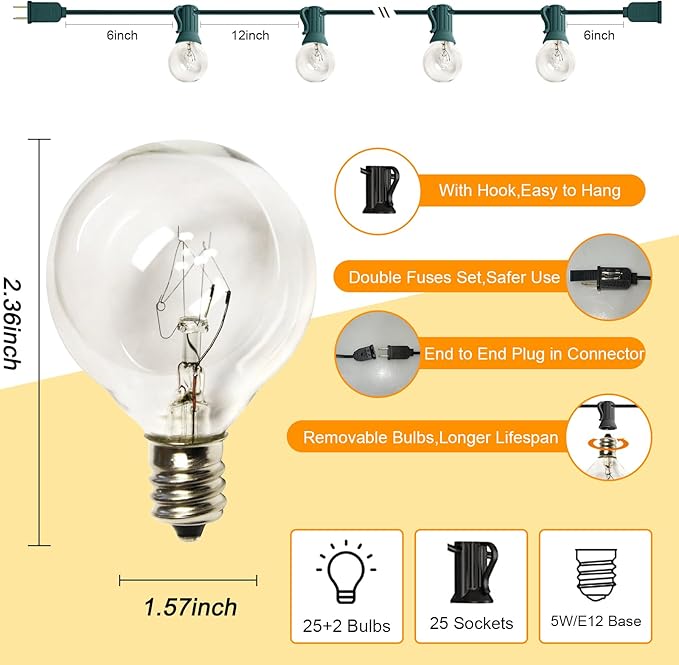 25Ft G40 Outdoor String Lights, Golbe Patio Light with 27 G40 Clear Incandescent Bulbs(2 spare), Hanging Waterproof Connectable Christmas String Lights for Indoor Outdoor Garden Camping Backyard Porch