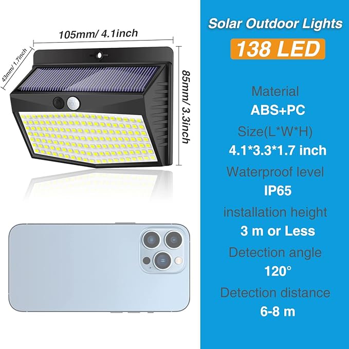 Solar Outdoor Lights - 138 LED/5 Packs Solar Motion Sensor Security Lights with 3 Lighting Modes for Garden, Fence, Yard, Deck, Garage