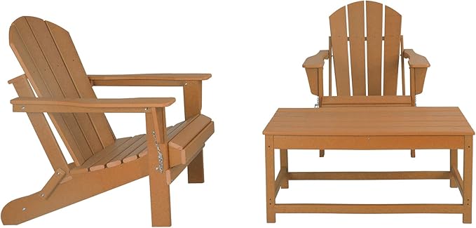 WO Home Furniture Adirondack Chairs Table Set of 3 PCS Outdoor Folding Chairs Coffee Table Weather/UV Resistant for Lawn, Garden, Bon Fire, Balcony (Orange)