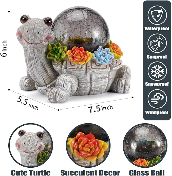 Solar Turtle Statue Garden Decor with Succulent Cracked Glass LED Lights Outdoor Decor Tortoise Figurines for Yard Lawn Balcony Patio Mom Decorations Women Birthday Housewarming Gifts