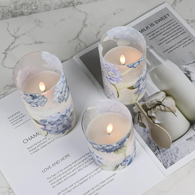 Hydrangea Flameless Candles Flickering, Spring LED Battery Operated Candles with Remote Timer, Glass and Real Wax Pillar Candles for Garden Home Decor(Set of 3, D3 xH4 5" 6")