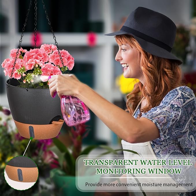 10 Inch Hanging Planters for Indoor Plants, 2 Pack Self Watering Hanging Baskets Flower Pots with Drainage Hole, Visual Reservoir & 2 Kinds of Plant Hanger for Outdoor Garden Home Decor