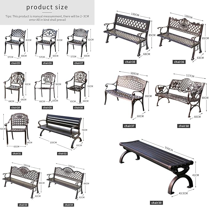 Outdoor Bench Chair Cast Aluminum Garden Bench Patio Bench All-Weather Park Bench for Backyard Porch Lawn (150cm Armless Park Bench)
