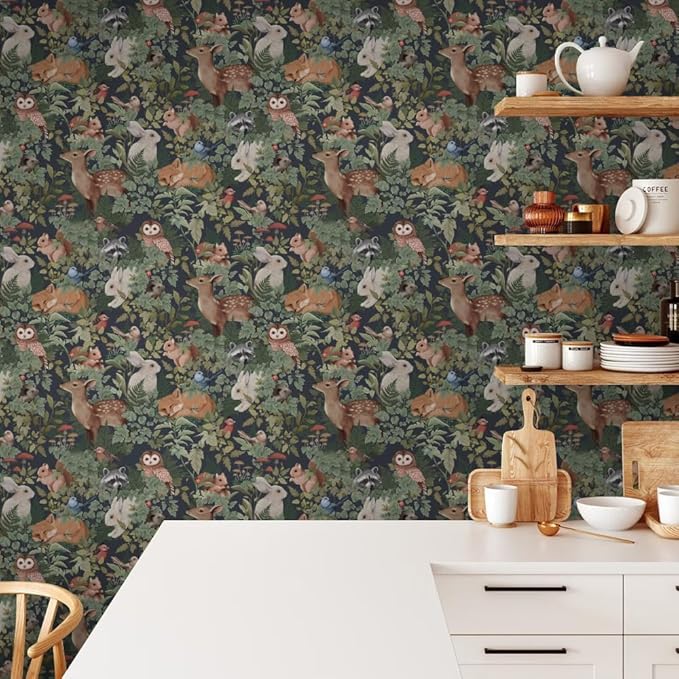 Animal Leaf Forest Deer Rabbits Squirrel Owl Green Plants Peel and Stick Wallpaper Self Adhesive Removable Easy Peel Off Contact Paper Stick on Wall Paper for Bedroom&Renter
