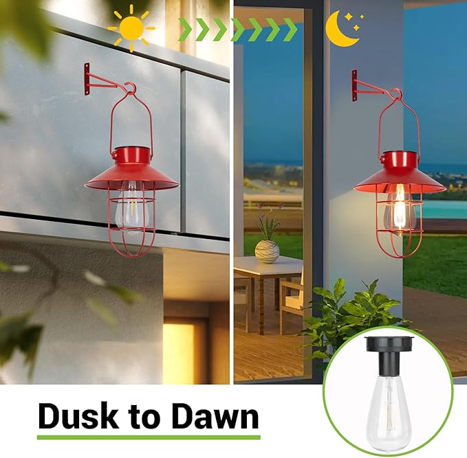 pearlstar Solar Lanterns Outdoor Christmas Metal Solar Powered Hanging Lights Waterproof for Wall Barn Yard Garden Patio Garage Balcony Porch Fence Decor, Warm White Edison Bulb (Red-2pack)