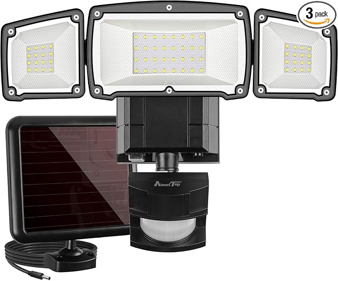 AmeriTop Solar Lights Outdoor, Super Bright 1600LM LED 6000K Solar Motion Sensor Lights with Wide Angle Illumination; 3 Adjustable Heads, IP65 Waterproof Outdoor Security Lighting (Black)