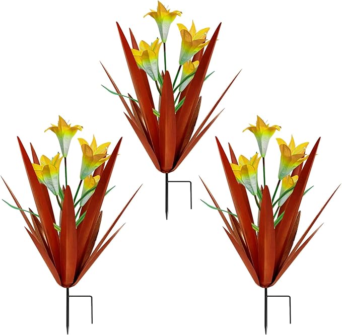 Homight Metal Agave Plant Outdoor Decoration Outdoor Garden Decoration Lily Mexican Yard Art Plant Garden Agave Lily Decorative Garden Gift… (3 Big Yellow Lilies)