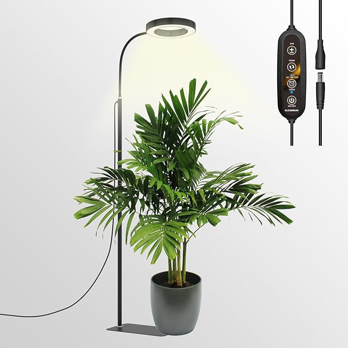 GLOWRIUM Grow Lights for Indoor Plants, 20W Full Spectrum LED Grow Light Floor Lamp with Stand Adjustable Height and Angle, Black Plant Light with 3/9/12H Grow Light Timer