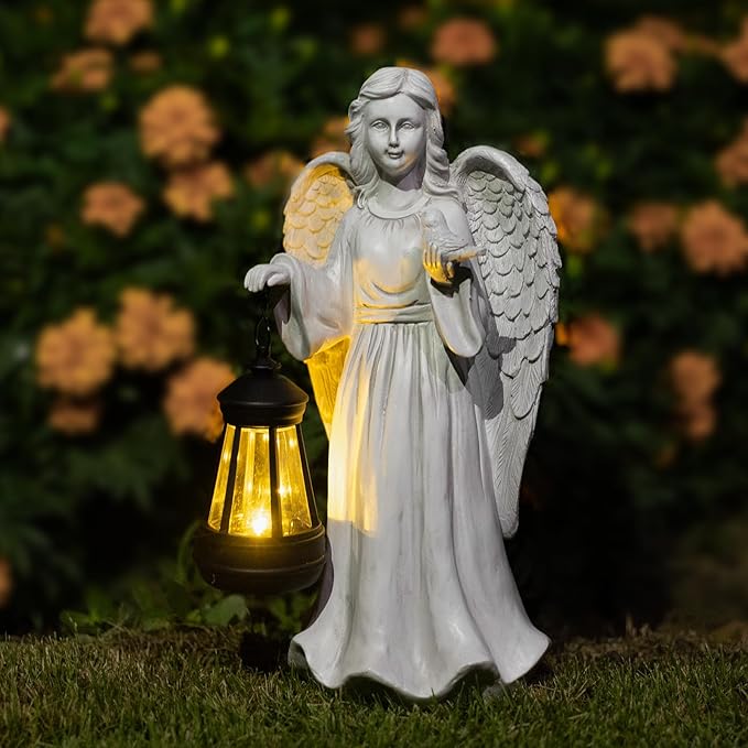 Solar Garden Statues Outdoor Décor,Angel Outdoor Statues with Lantern,Resin Garden Sculptures & Statues Garden Decor for Outside Patio Lawn Women Mom Gift (Angel with Lantern)