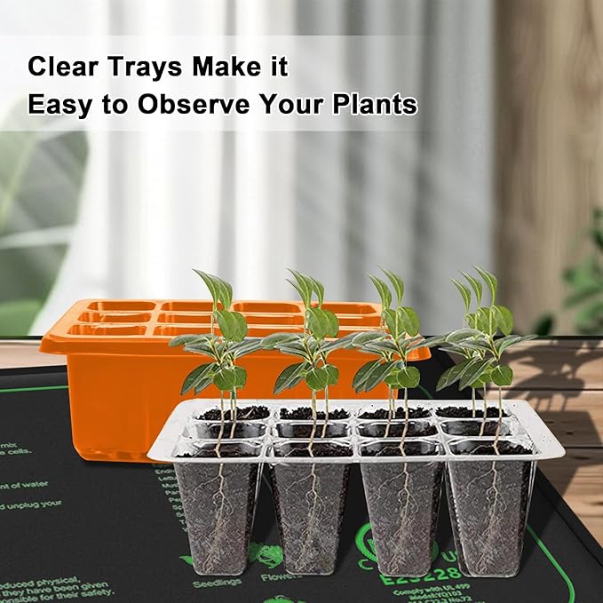 GooingTop Seedling Trays + Heat Mat 10''x20.7'', 6 Pack 72 Cells Plant Grow Starter with Adjustable Humidity Vent for Mini Greenhouse Garden Germination,Bonsai Seed Starting Growing