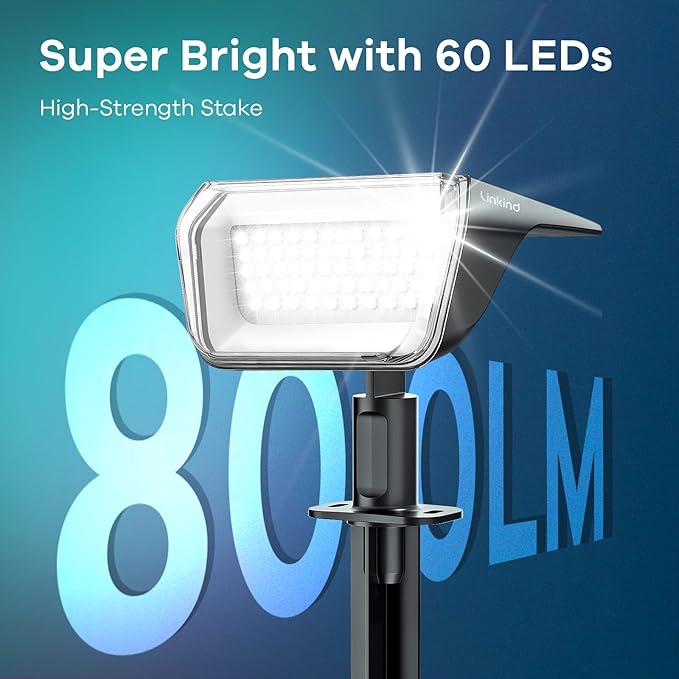 Linkind Solar Spot Lights Outdoor, 60 LEDs Solar Lights Outdoor Waterproof IP67 with 30% Conversion Rate, Ideal for Landscape, Garden, Yard, Pathway (6 Pack, Cool White)