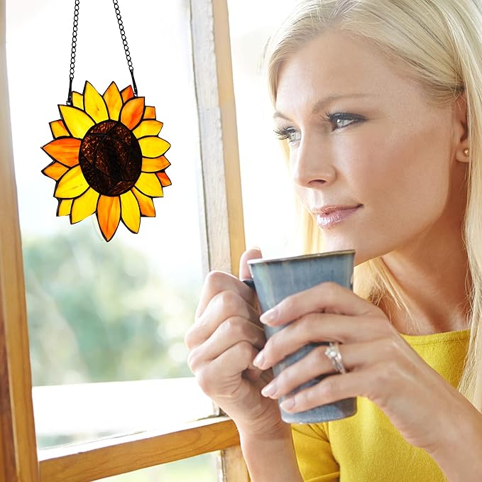 BOXCASA Sunflower Gifts Stained Glass Window Hangings,Sunflower Suncatcher Best Teacher Gifts for Women,Sunflower Decor Suncatcher for Window,Home Decor,Gift for Teacher Mother Grandma
