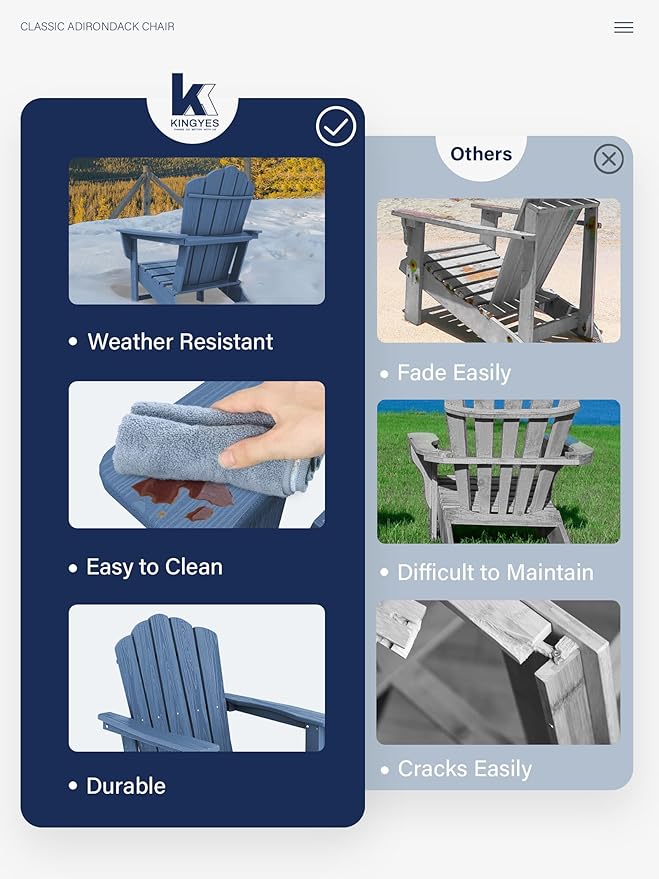 KINGYES HDPE Adirondack Chair, Classic All-Weather Adirondack Chairs, Outdoor Patio Adirondack Chair for Deck Lawn fire Pit, Navy