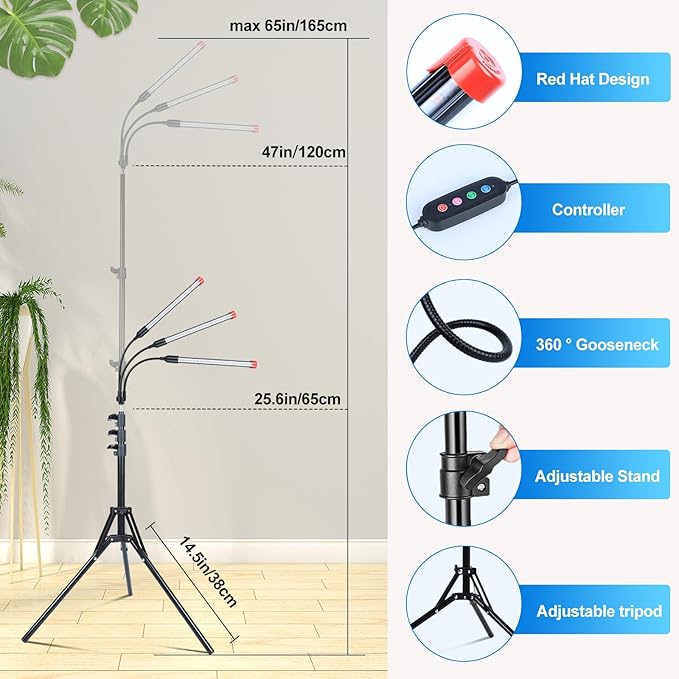 3-Head Grow Lights for Indoor Plants with Stand 27W, LED Plant Grow Light for Tall Houseplants, Bonsai Tree, Full Spectrum Growing Lamp with 4,8,12 Hr Timer, 24"-64" Adjustable Height