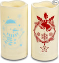Outdoor Battery Operated Flameless Pillar Candles Auto Daily Timer Waterproof Realistic Flickering Electric LED Lights Wreath Jingle Bell Snowman Decals Christmas Decoration 3”X6” 2 Pack