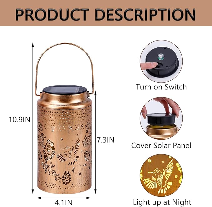 2 Pack Hummingbird Solar Lanterns Outdoor Waterproof, Metal Hanging Lights Decorations for Garden Yard Lawn Patio, Hummingbird Gifts for Women Mom Grandma Sister for Mother'Day Christmas
