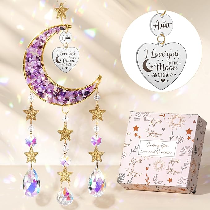 Aunt Gifts from Niece Nephew, Aunt for Auntie Gifts, Best Aunt Ever Gift Aunt Birthday Gifts for Auntie, Unique Auntie Gifts for Women Moon Crystal Suncatcher for Windows Hanging