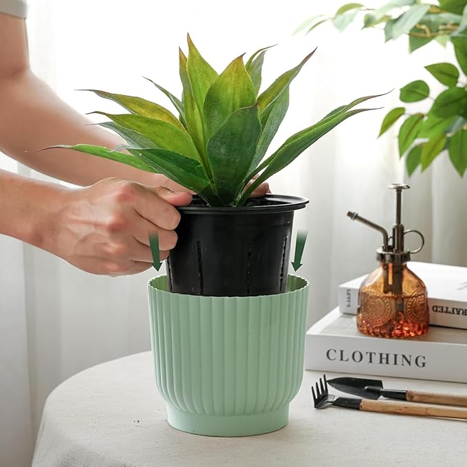 T4U 6 Inch Self Watering Pots for Indoor Plants, 6 Pack Planters for Indoor Plants, Durable Plastic Mint Green Pots for Indoor Plants, African Violets, Flower