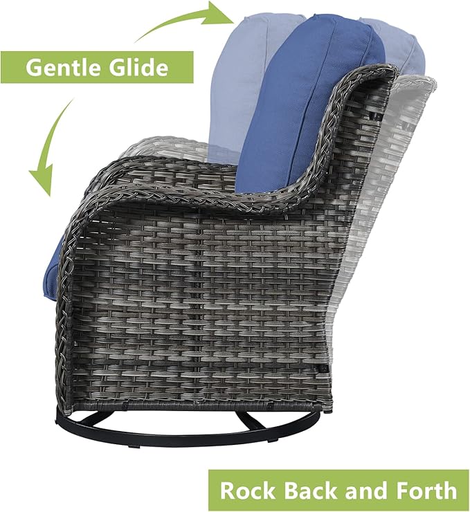 Outdoor Wicker Patio Furniture Set - 6 Piece Rattan Patio Conversation Set with 2 Rocking Swivel Chairs,2 Ottomans,1 Sofa and 1 Coffee Table for Porch Deck Backyard Garden(Mixed Grey/Blue)