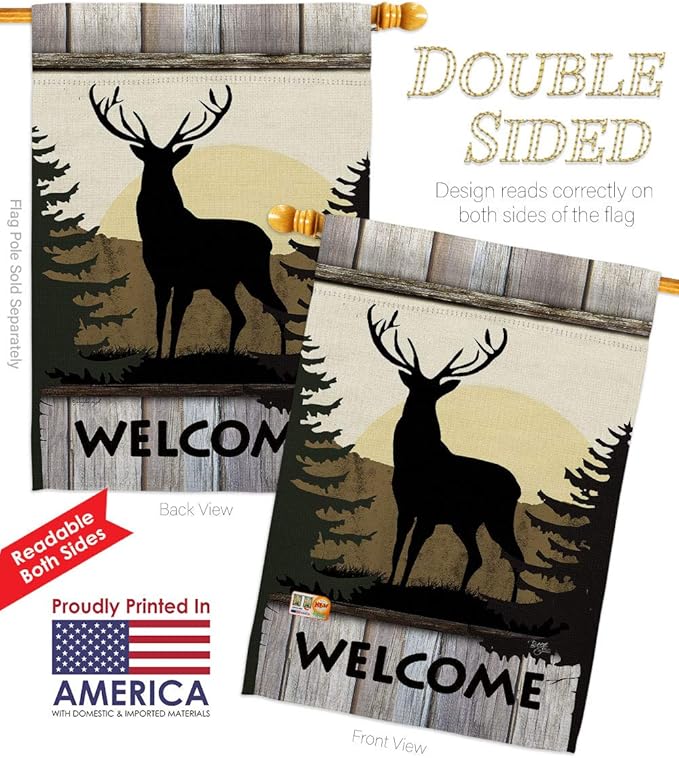 Welcome Deer Garden House Flags Set Animals Wildlife Outdoor Bear Wolf Pet Nature Farm Animal Creature Small Decorative Gift Yard Banner Double-Sided Made In USA 28 X 40