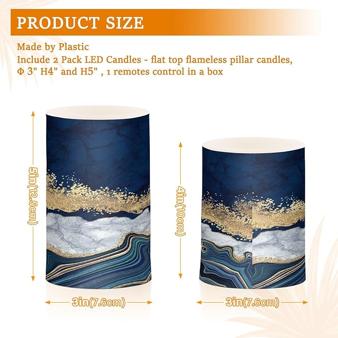 Flickering Flameless Candles, Navy Blue Marble Golden Veins LED Candles with Remote Timer, Set of 2 Battery Operated Candle for Valentine Wedding Birthday