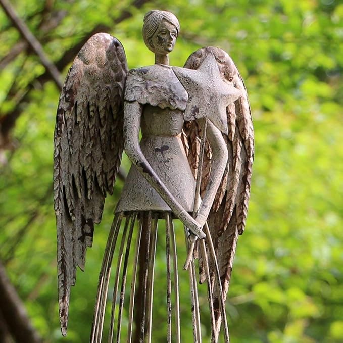 Morning View Metal Angel Statue Decor for Garden Yard Art Outdoor Standing Large Angel Decorations with Star Antique Patio Patio Lawn Holiday Christmas 26 Inches Tall