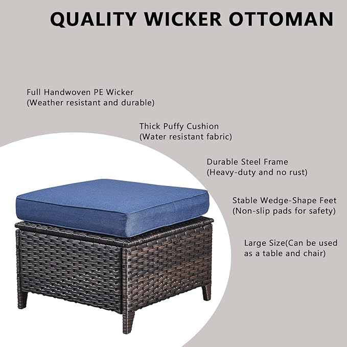 Outdoor Wicker Patio Furniture Set - 6 Piece Rattan Patio Conversation Set with 2 Rocking Swivel Chairs,2 Ottomans,1 Loveseat and 1 Side Table for Porch Deck Backyard Garden(Brown/Blue)