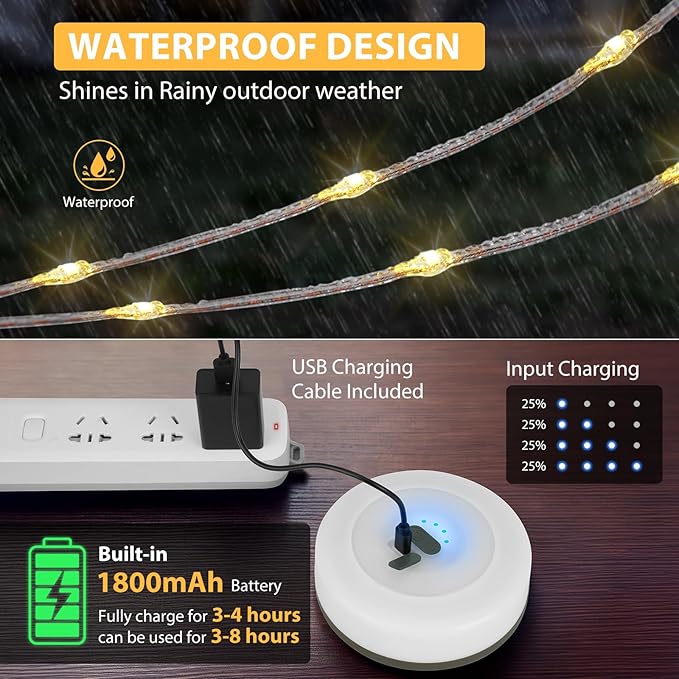 Camping String Lights, 4 in 1 Quick Storage 32.8FT Rechargeable Tent Lights with 6 Modes Hanging Waterproof Camp Lamp Camping Essentials for AwnTent Hiking Yard Garden Bedroom Festival -Multicolor