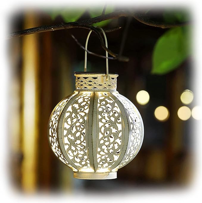 MAGGIFT 2 Pack Hanging Solar Lights for Outside,Solar Lanterns Outdoor Waterproof,Retro Hanging Lantern with Handle for Yard, Garden Decor, Gardening Gifts, Mom Birthday Gift, Beige White