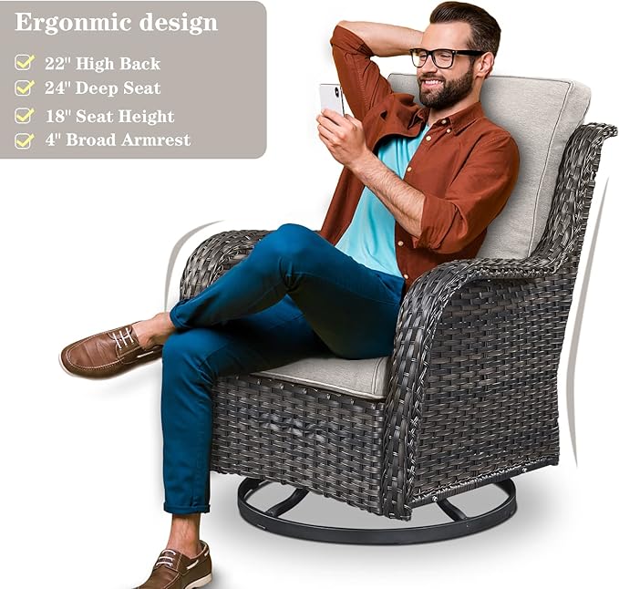 Outdoor Wicker Furniture Patio Set - 7 Piece Backyard Furniture Brown Rattan Conversation Sets with Swivel Rocker Chairs, Rattan Sofa, Club Chairs and Coffee Table, Beige Cushion