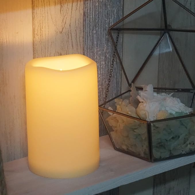 CANDLE CHOICE Waterproof Outdoor Battery Operated Flameless Candle with Timer Large Plastic Resin Bright Flickering Electric LED Pillar Lantern Patio Garden Wedding Christmas Decorations 4”(D) x6”(H)