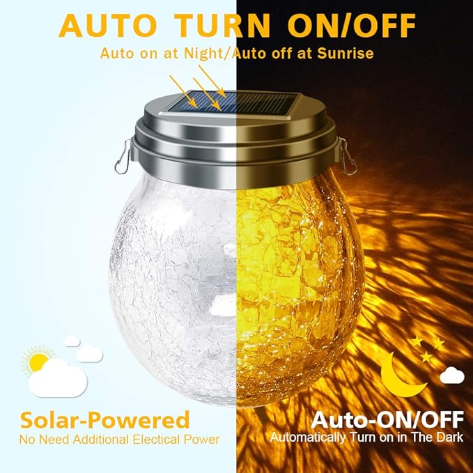 DBF Solar Lanterns Outdoor Waterproof, 2 Pack Hanging Solar Lights Outdoor, LED Cracked Glass Ball Globe Lantern Garden Decor for Patio Backyard Pathway Tree Porch Fence Events (Amber Warm & RGB)