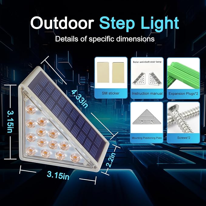 Solar Step Lights 6-pack with Solar Outdoor Stair,Porch,Patio,Yard,Deck & Pathway Adjustable Brightness (Warm White)