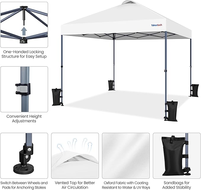 Yaheetech 10x10 Pop-up Canopy Tent w/ 2 Integrated Wheels for Mobility, Waterpoof & Heavy Duty, Instant Sun Shelter with Carry Bag, Weight Bags for Outdoor Camping Beach Patio Parties, White