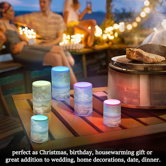 Flickering Flameless Candles, Starfish Seashell Beach Palm LED Candles with Remote Timer, Set of 2 Battery Operated Candle for Valentine Wedding Birthday