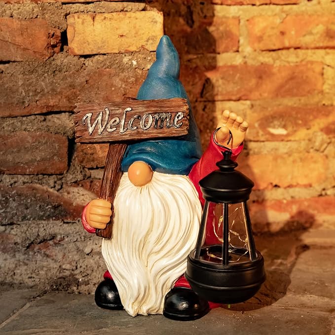 Garden Gnome Outdoor Decoration Solar Gnomes Statue with Lantern LED Lights,Terrace Courtyard Lawn Patio Porch Decoration Christmas Housewarming Gift for Woman Mom, Gnome Blue
