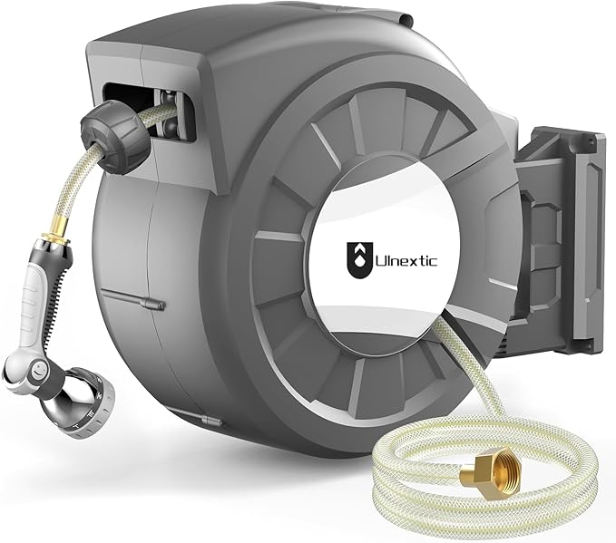 Retractable Garden Hose Reel, 5/8 in x 75 ft Wall Mounted Hose Reel,10-Pattern Spray Nozzle, Any Length Lock/Slow Return System/Wall Mounted/180°Swivel Bracket