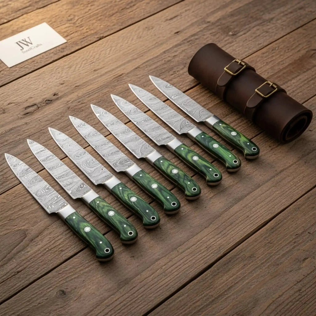 8-Piece Damascus Steak Knife Set with Leather Roll, Full Tang Serration-Ready Steak Knives, Green Pakka wood Handle Precision Slicing Knives, JW SteelCrafts