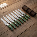 8-Piece Damascus Steak Knife Set with Leather Roll, Full Tang Serration-Ready Steak Knives, Green Pakka wood Handle Precision Slicing Knives, JW SteelCrafts