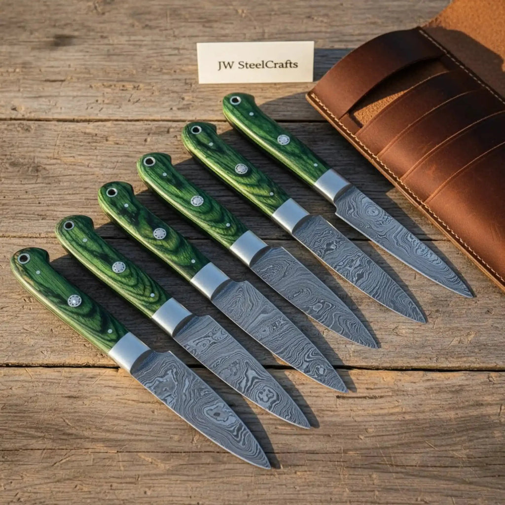 8-Piece Damascus Steak Knife Set with Leather Roll, Full Tang Serration-Ready Steak Knives, Green Pakka wood Handle Precision Slicing Knives, JW SteelCrafts