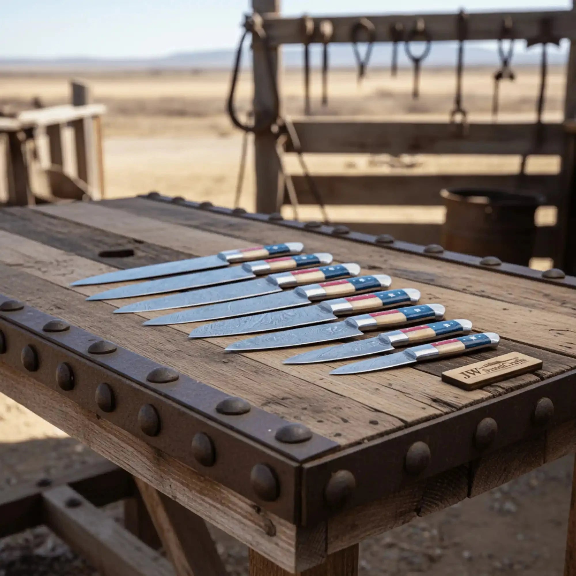 8 Piece Hand Forged Damascus Kitchen Knife Set, Texas Flag Inspired Handles, Full Tang Chef, Bread, Utility and Paring Knives