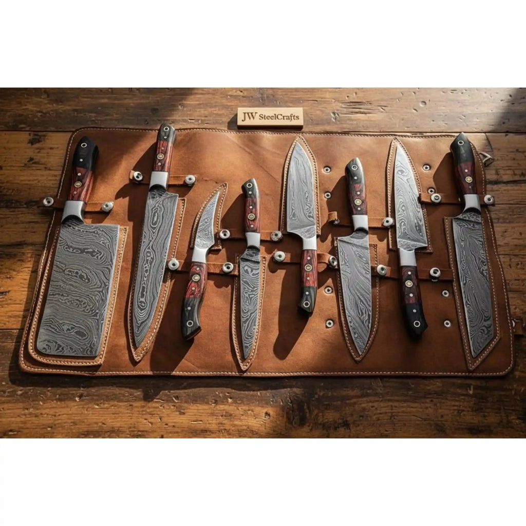 8 Piece Handmade Damascus Kitchen Knife Set with Leather Roll, Chef, Santoku, Cleaver and Utility Knives, Pakka Wood Handle Professional Cutlery JW SteelCrafts