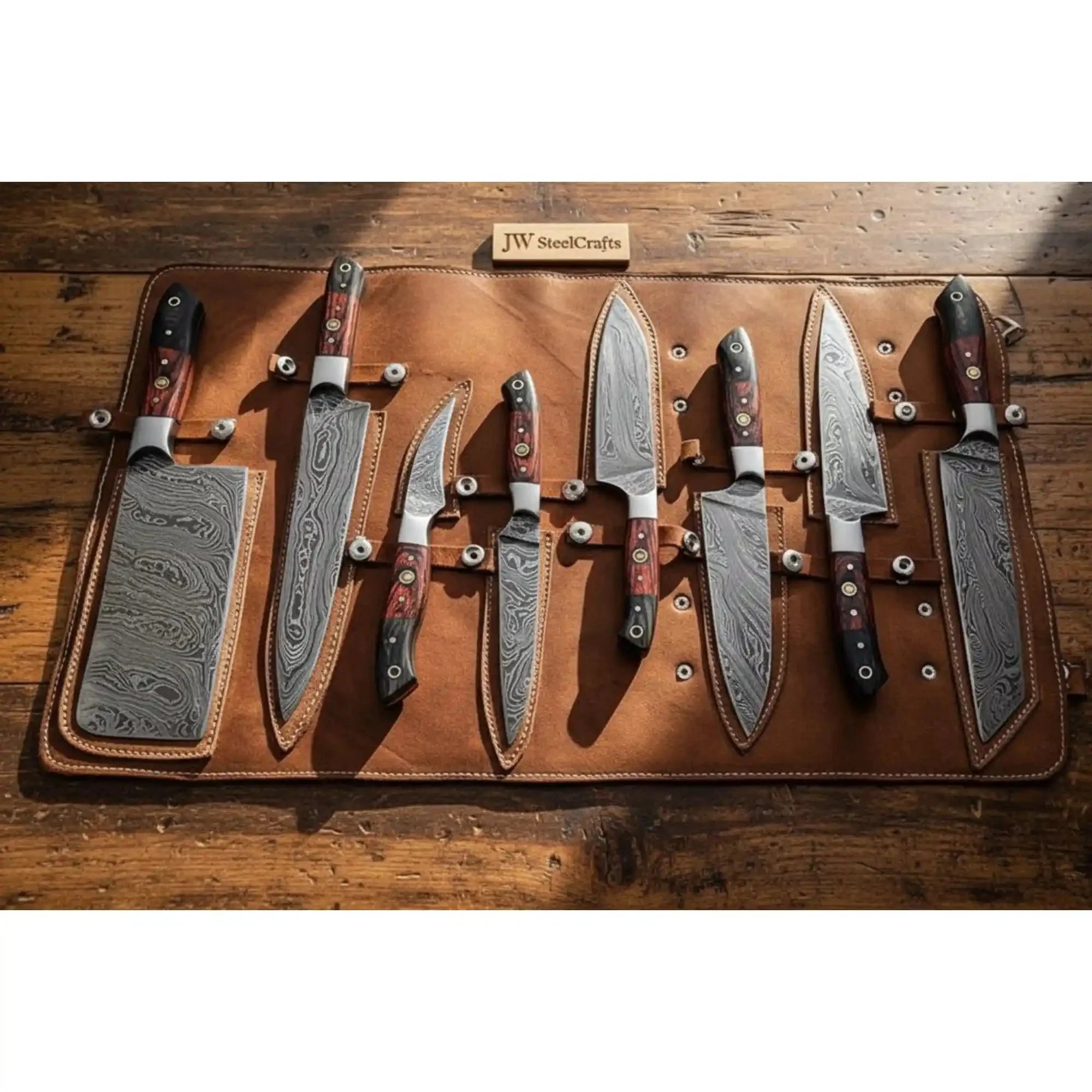 8 Piece Handmade Damascus Kitchen Knife Set with Leather Roll, Chef, Santoku, Cleaver and Utility Knives, Pakka Wood Handle Professional Cutlery JW SteelCrafts