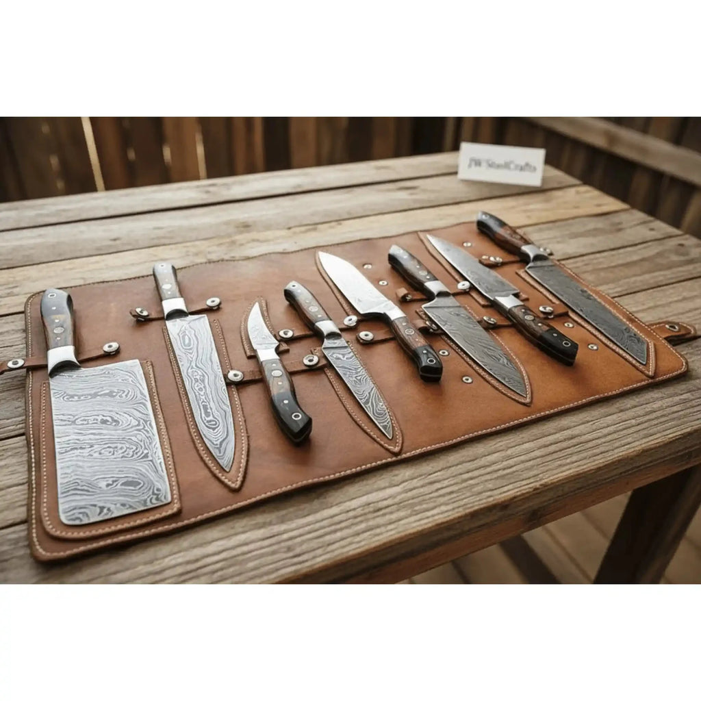 8 Piece Handmade Damascus Kitchen Knife Set with Leather Roll, Chef, Santoku, Cleaver and Utility Knives, Pakka Wood Handle Professional Cutlery JW SteelCrafts