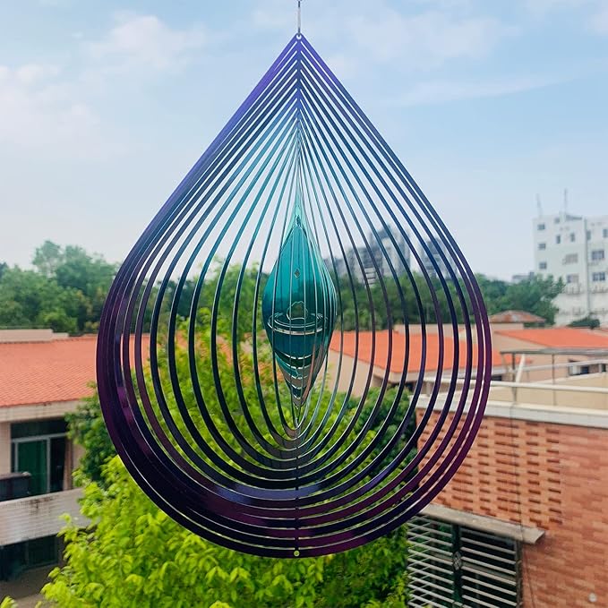 Wind Spinner Garden Indoor Outdoor Decor 3D Stainless Steel Metal Hanging Decorations, 3D Water Droplets Pattern Metal Wind Sculptures & Spinners Whirligig Gifts with 12inch(Green&Purple)