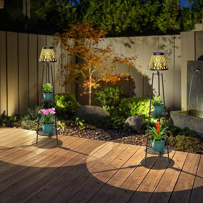 2 Pack Metal Solar Floor Lights Outdoor with Plant Stands, 45.5'' Solar Powered Street Lights, for Garden Yard Pathway Driveway Porch